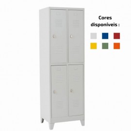 Visão geral Vestiário cacifos sobrepostos 4 portas cinza com pés metálicos e portas fechadas.